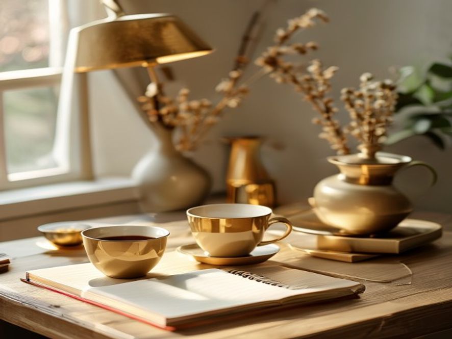Visual representation of daily anchoring points: coffee cup, desk workspace, meal table, evening lamp