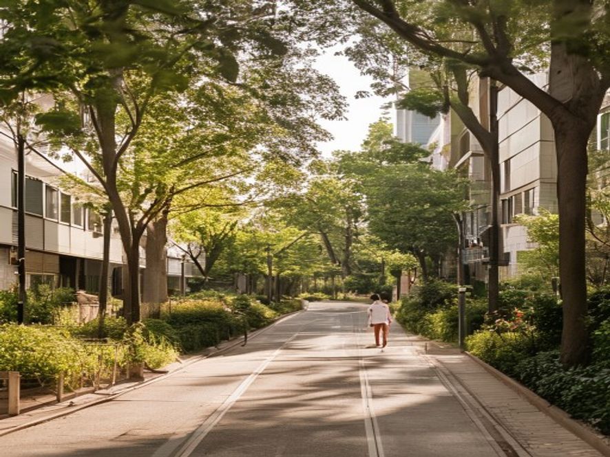 Person walking through a mixed urban and natural pathway at different times of day