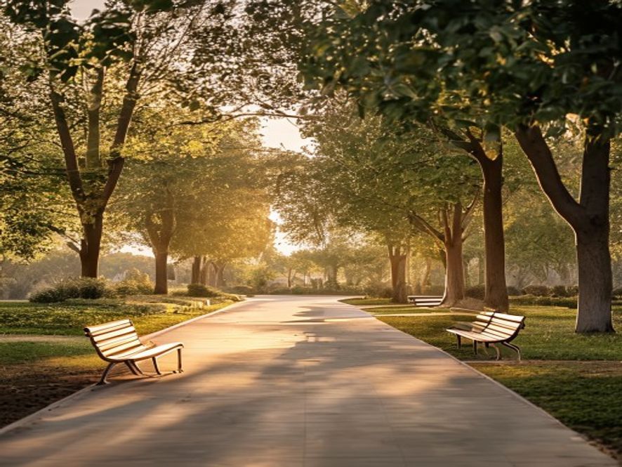 Calm morning scene at a park entrance with benches and clear pathways